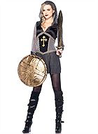 Kvinnlig riddare Jeanne d'Arc, maskeradklänning i läderimmitation med huva och kors